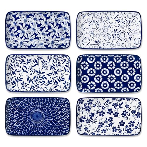 vancasso SELENE Juego de 6 Platos Pequeños para Servir - 22 x 13 cm Platos Rectangulares Para Postres, Sushi, Aperitivos - Apto para Microondas - Estilo A Azul y Blanco Chino