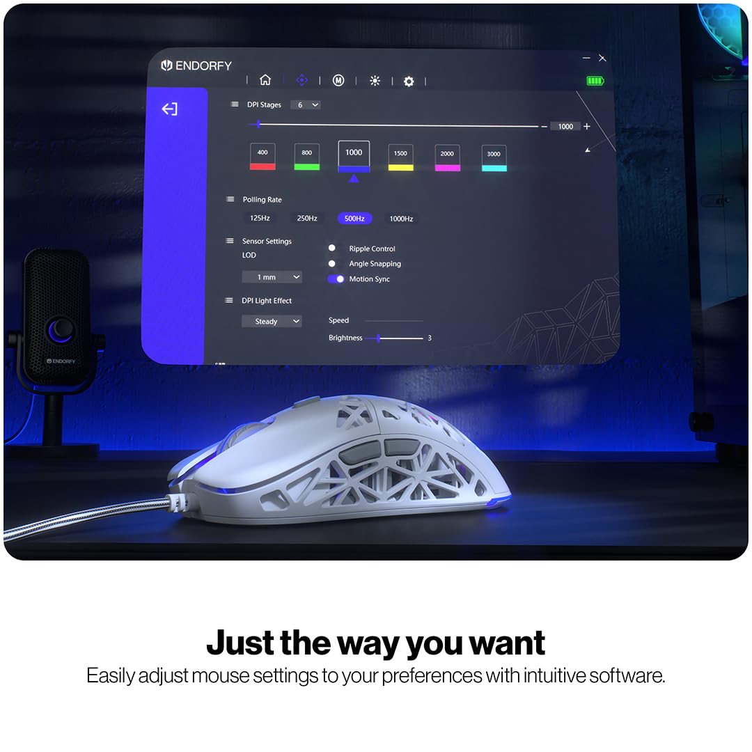 ENDORFY Liv Wireless Onyx White, ratón Gaming Blanco, ratón inalámbrico, diseño Ultraligero (69 g), máximo 12.000 PPP, PixArt PAW3311, Kailh GM 4.0, 2.4 GHz, BT, USB-A, retroiluminación ARGB, EY6A019
