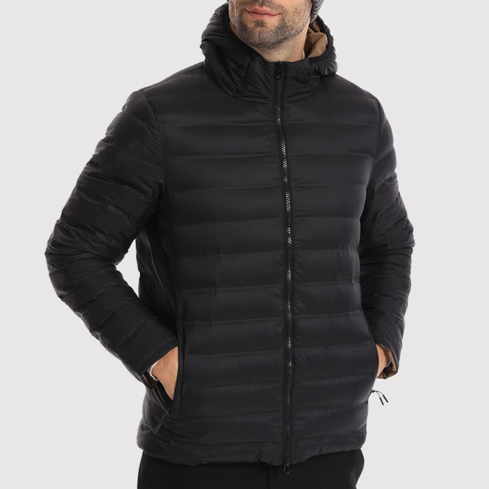 JEShifangjiusu Giacca invernale leggera con cappuccio comprimibile da uomo impermeabile con zip integrale, per sci, neve, sci