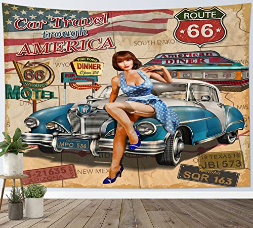 LB ヴィンテージ風 タペストリー 美女と車 アメリカ地図 ルート