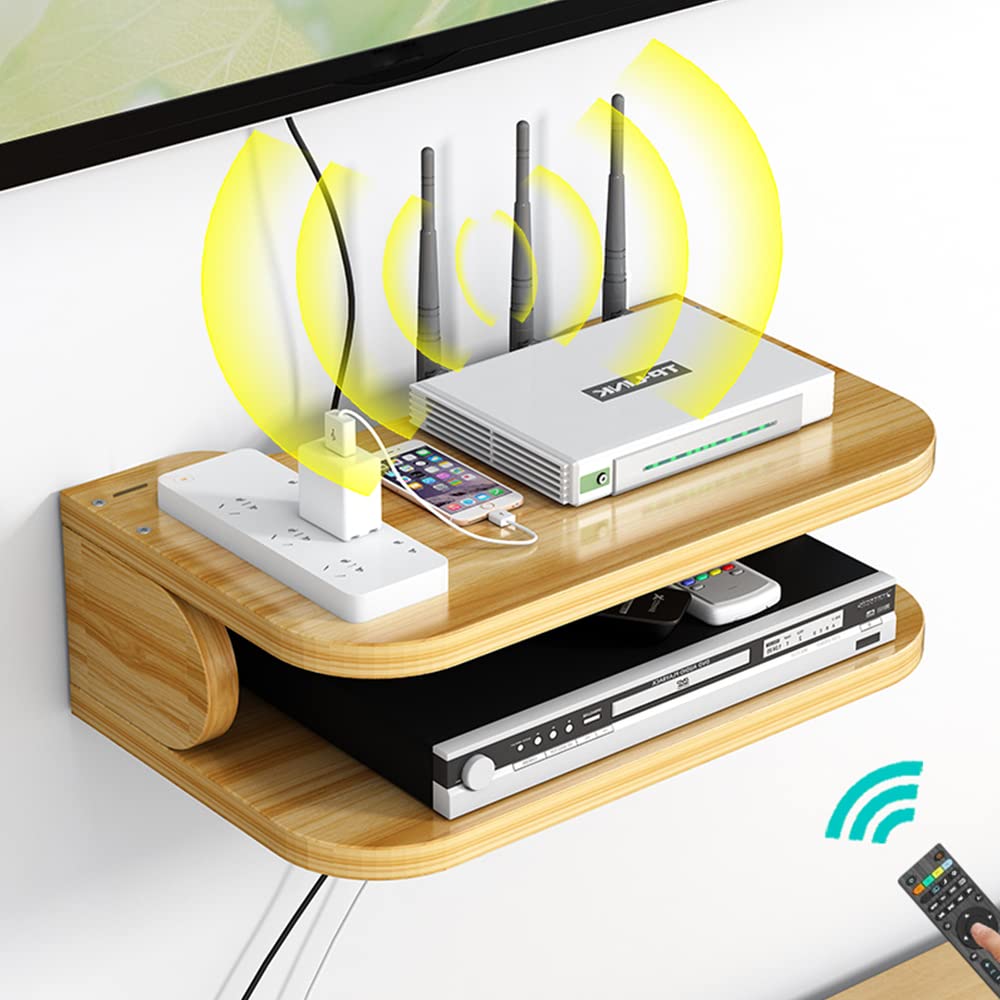 Hggzeg WiFi Router Aufbewahrungsbox Schwebende Regale TV Set-Top-Rack, Wandmontage mehrschichtige Kabel-Management Lagerregal für Wanddekoration (jl01,Kirschholz)