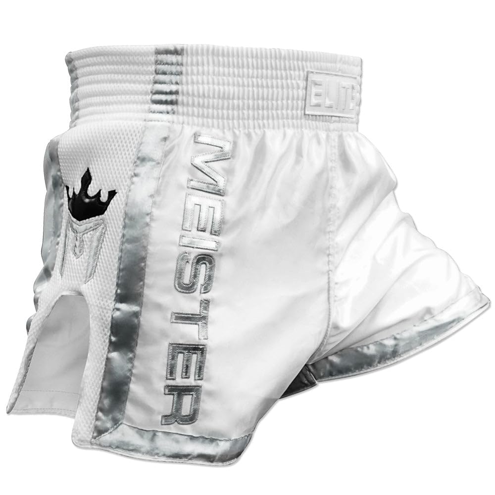 Meister Men's White / Silver Elite Muay Thai Shorts - Fully Elasticated Waist W/Mesh - White/Silver - Small (30-31)