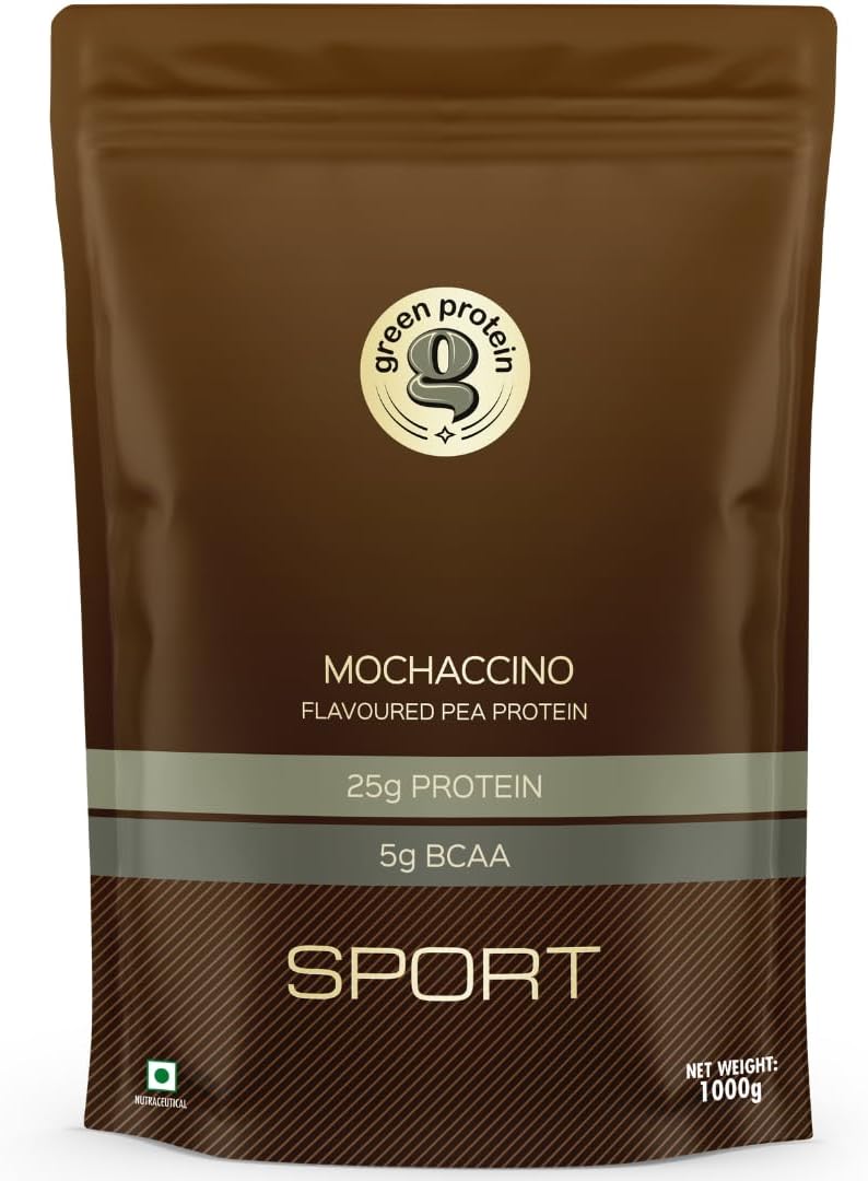 GREEN PROTEIN Sport Vegan Plant Pea Protein Isolate Powder, 25gm Protein, 5g BCAA Per Serving, No Added Sugar | Soy, Dairy, Gluten & Allergen Free | Mochaccino Flavor, Standup Pouch (1kg)
