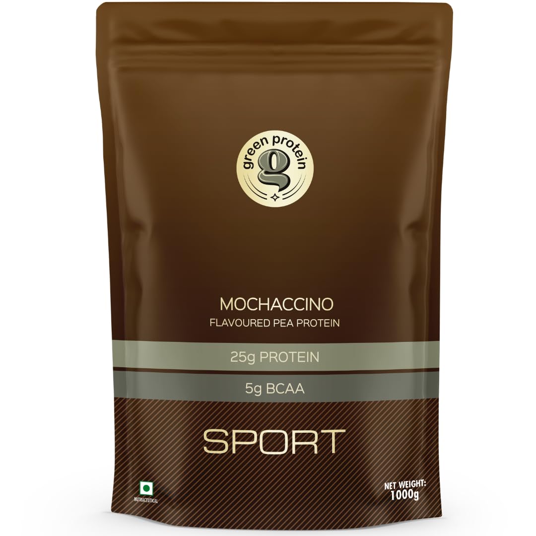 GREEN PROTEIN Sport Vegan Plant Pea Protein Isolate Powder, 25gm Protein, 5g BCAA Per Serving, No Added Sugar | Soy, Dairy, Gluten & Allergen Free | Mochaccino Flavor, Standup Pouch (1kg)