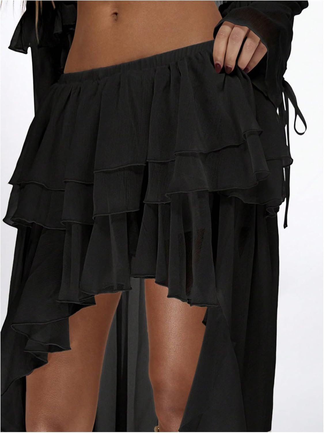 OYOANGLE Women's Boho Layered Ruffle Chiffon Maxi Skirt Y2K Elastic Cowgirl Western Asymmetrical Skirts