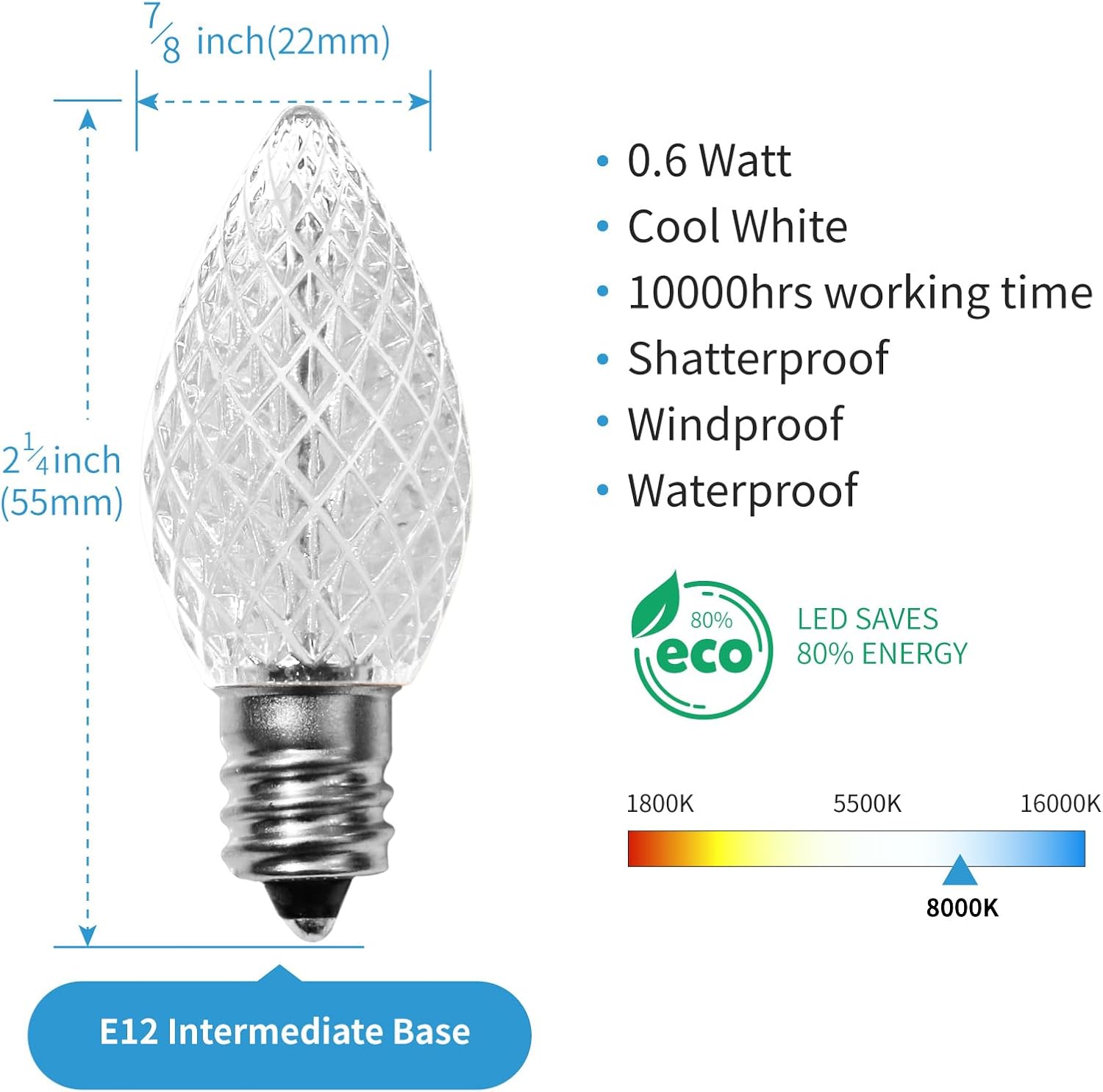 Meconard C7 Led Replacement Christmas Light Bulbs, C7 Shatterproof Led Bulbs for Christmas Indoor Outdoor String Lights, E12 Candelabra Base, Commercial Grade Holiday Bulbs, Cool White, 25 Pack - Image 2
