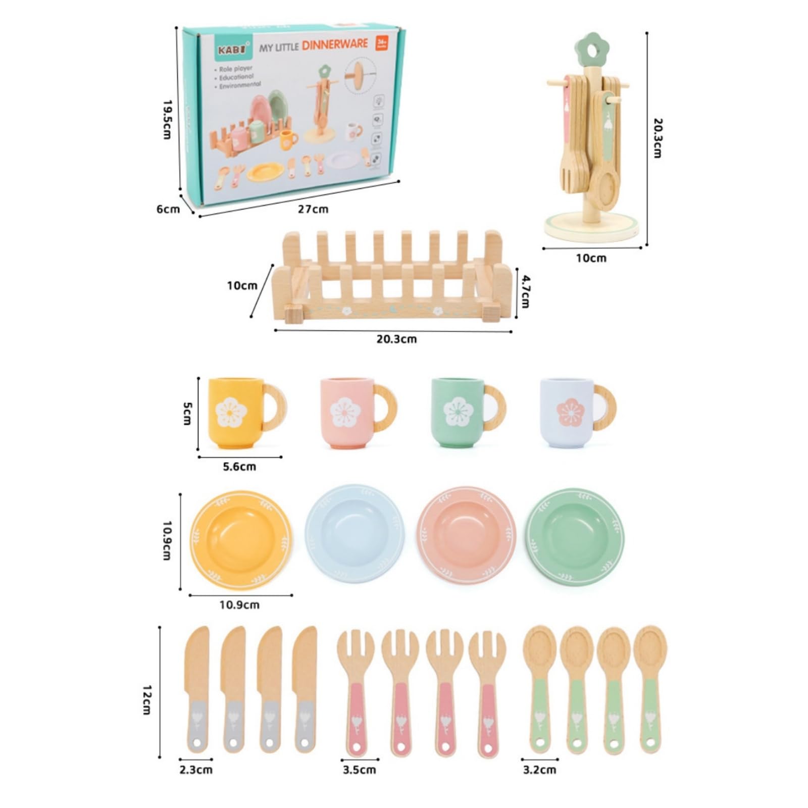 Set Cucina Giocattolo Bambini in Legno Servizio Piatti Bicchieri Posate con Rastrelliera E Supporto Materiale Faggio E Multistrato Adatto a Gioco Immaginazione Casa Aule Cameretta