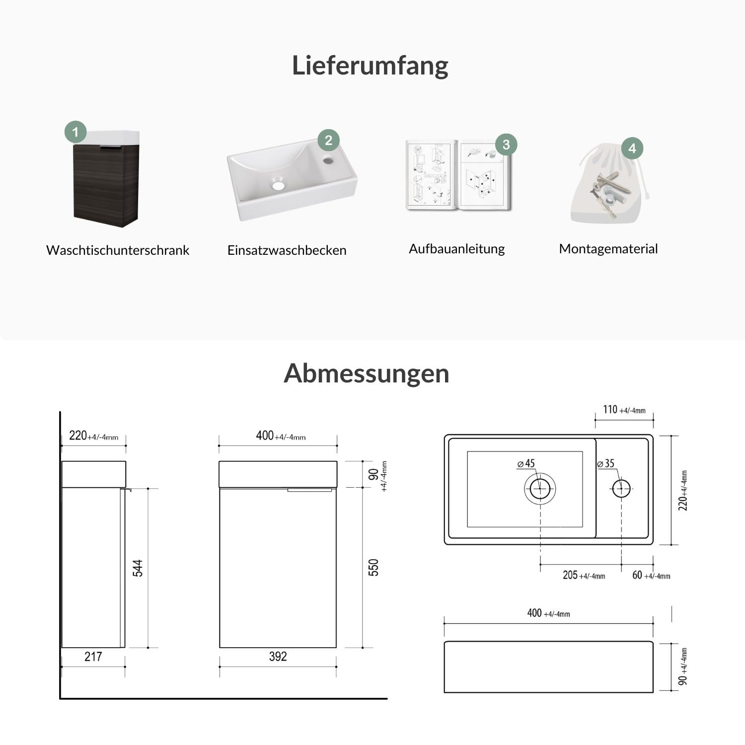 Planetmöbel Waschtisch mit Unterschrank 40 cm, Gäste-WC & Bad | Badmöbel Set für kleine Bäder, Keramik Waschbecken, Waschtischunterschrank für Badezimmer, Gäste-Bad & WC, anthrazit