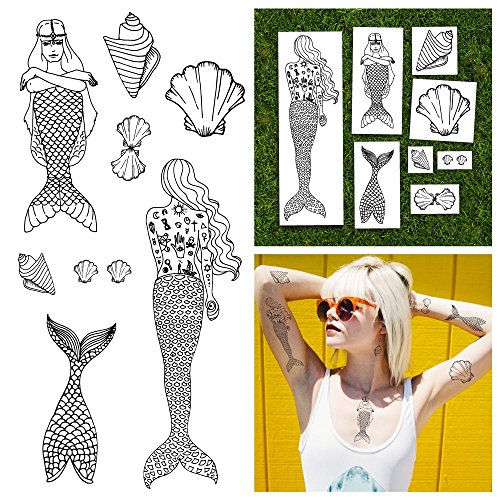 Tattify Traditional Mermaid and Seashell Temporary Tattoos - Mermuse (Set of 16) - Premium Quality, Long Lasting and Waterproof