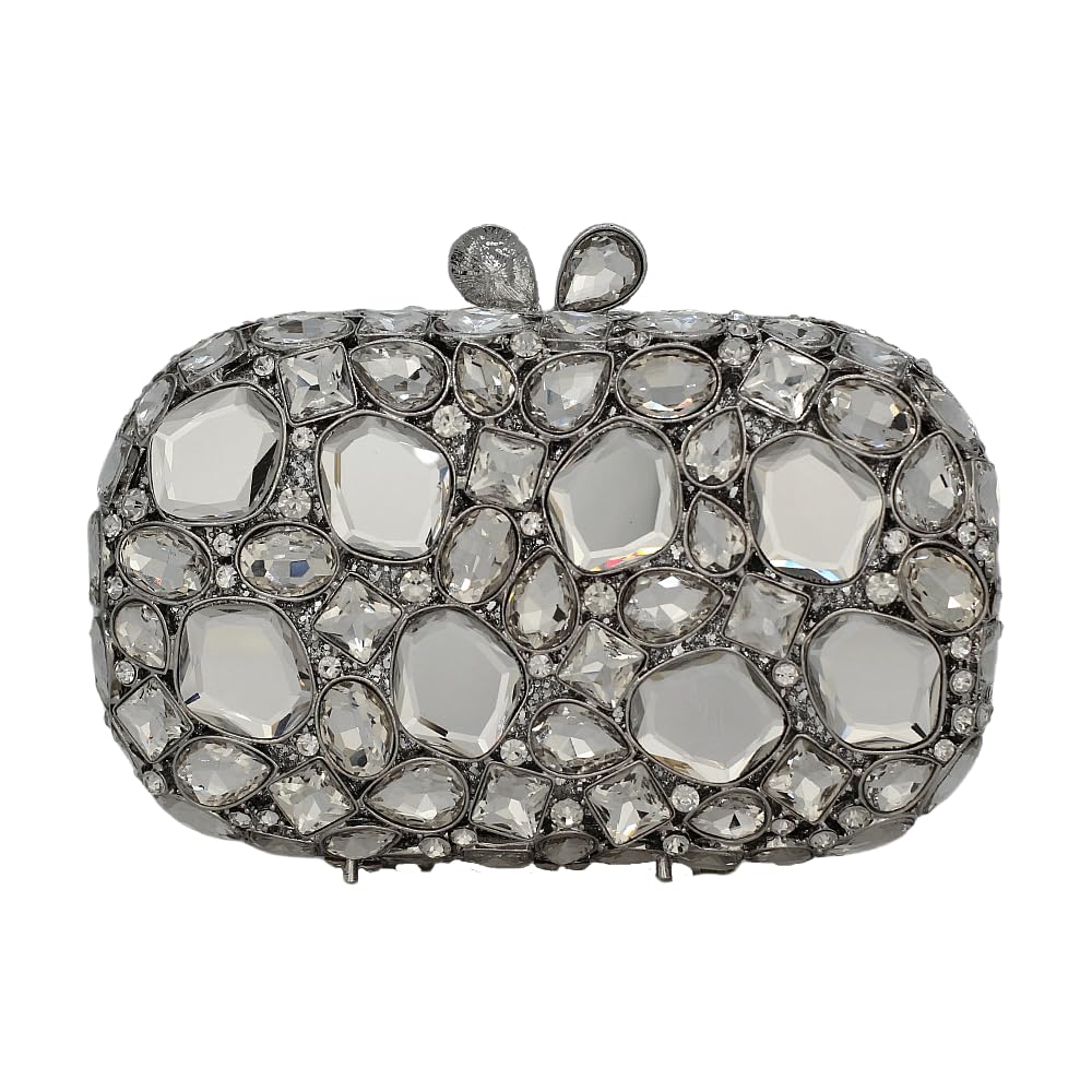 Chaliwini Rhinestone Crystal Clutch Purse for Women, Evening Wedding Formal Bag with Synthetic Agate Stones Clasp, Silver