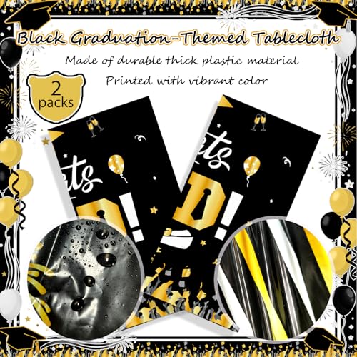Image of OQOQ Graduation Decorations 2026 Tablecloth (Black,2 Packs), 54x108 Inches 2026 Graduation Congats Party Decorations Plastic Black Table Cloth Disposable Table Cover