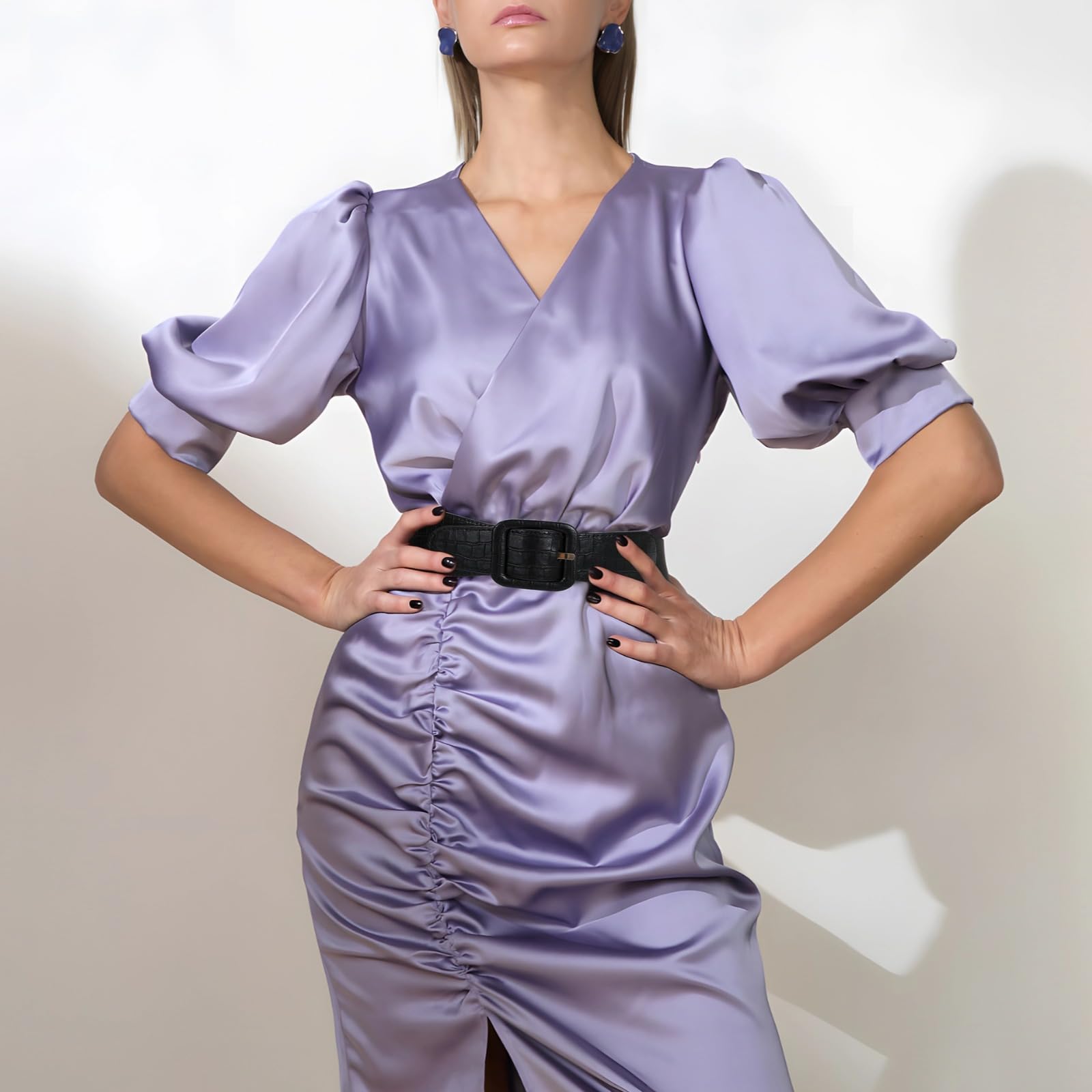 Générique Lot de 3 ceintures larges élastiques pour femme, ceintures de robe en PU avec boucle carrée, bande de taille extensible pour robes et blouses, 29,5 x 2,4 pouces