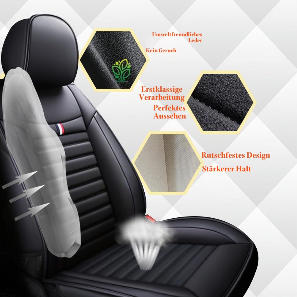 Für Mitsubishi ASX Eclipse Cross L200 Lancer Mirage Outlander Shogun, 5-Teiliges Set Aus Universellen Autositzbezügen Aus Leder – Atmungsaktiv, Schmutzabweisend Und Verschleißfest. (Schwarz)
