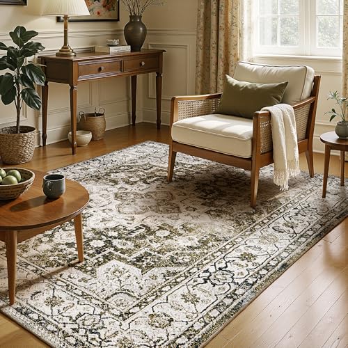 Image of AMERLIFE 5'x8' Wilton Collection Area Rug, Durable Low Pile Non-Slip Washable Rug for High Traffic Areas, Distressed Floral Pattern Vintage Rug for Living Room, Bedroom, Dining Room,Light Green