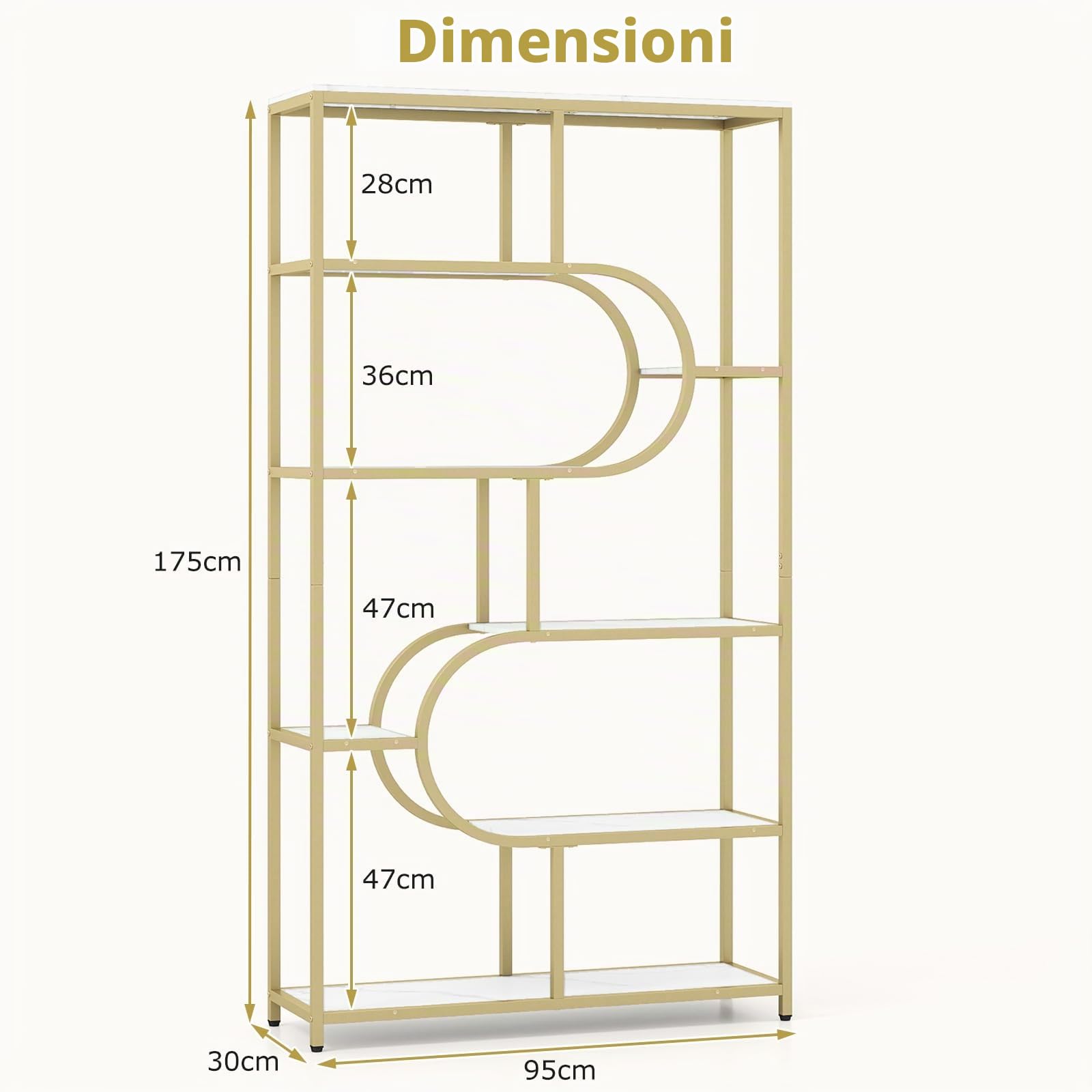 HOMASIS Libreria a Multi Livelli in Legno a Forma di Mezzaluna, Mensola da Parete con Ripiani Aperti, Scaffale Contenitore per Soggiorno, Ufficio (Bianco, Modello 1, 95 x 30 x 175 cm)