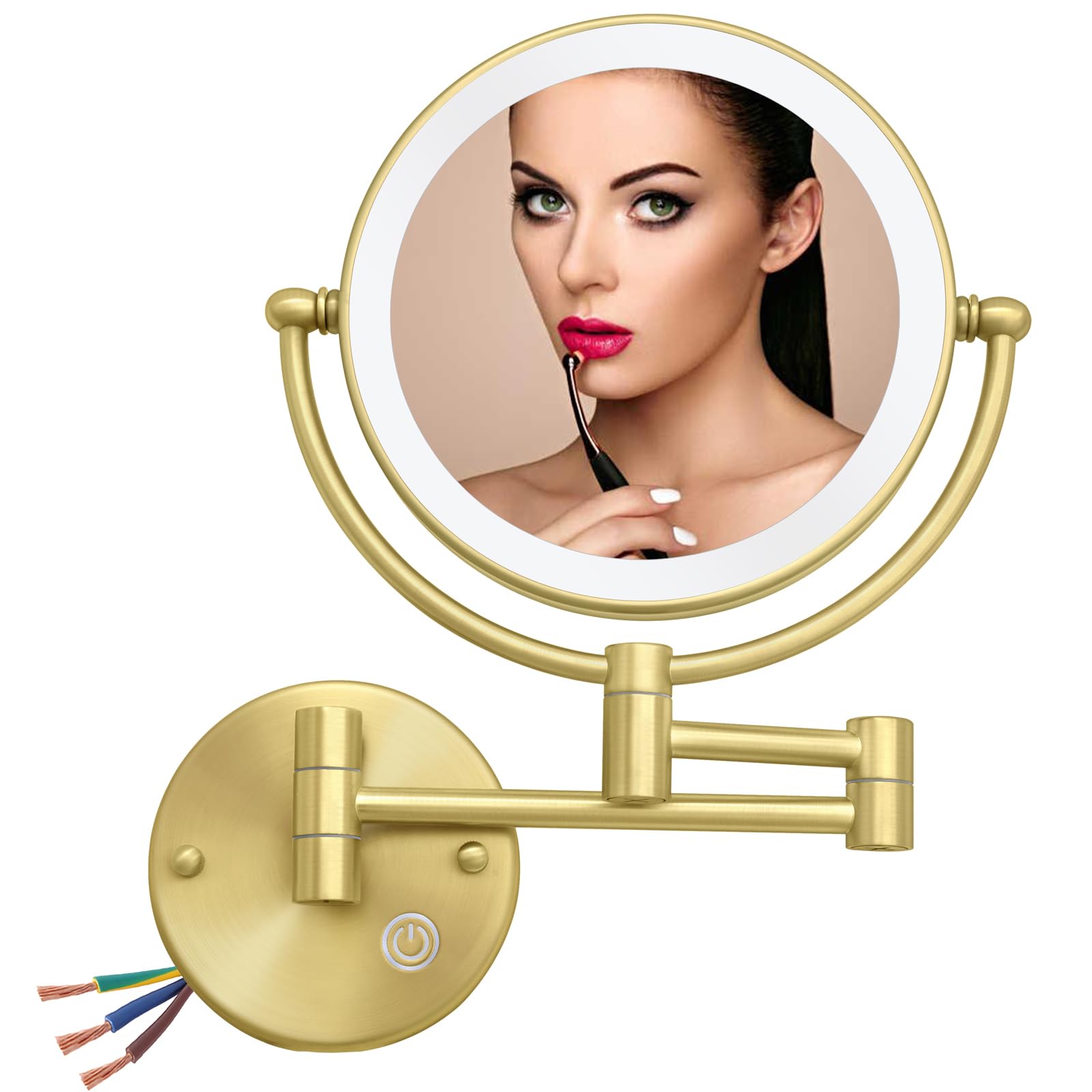 RECKODOR Espejo de Maquillaje Iluminado de Pared Dorado, Espejo de tocador de Doble Cara con Aumento 1/5X, Espejo cosmético Giratorio 360º para baño, Regulable al Tacto, Oro Cepillado, con Cable