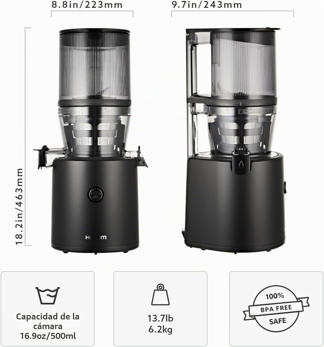 HUROM Exprimidor lento,Exprimidor de verduras y frutas,H320N,Prensa fría eléctrica,Motor silencioso,Fácil de limpiar,Con recipiente grande y filtro de colador,2 l,200 W,Sin BPA,Negro