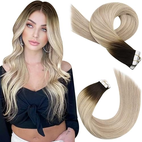 Moresoo Tape in Human Hair Extensions Brown to Golden Brown with Blonde Tape in Hair Extensions Real Human Hair Ombre Tape in Extensions Human Hair Balayage Extensions 12inch #3/12/613 20pcs 30g
