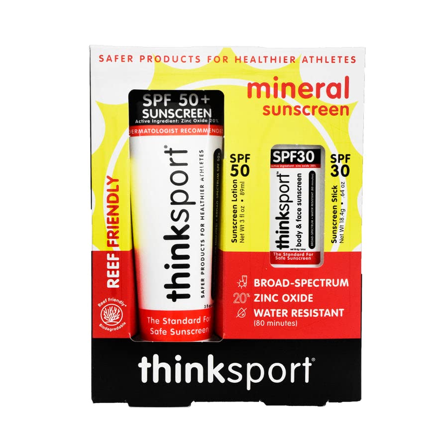 Thinksport Mineral Sunscreen Combo Pack – SPF 50 Sun Cream, SPF 30 Sunscreen Stick, Vegan Reef Friendly Water Resistant UVAUVB Sun Protection for Sports Active Use, 1 Count