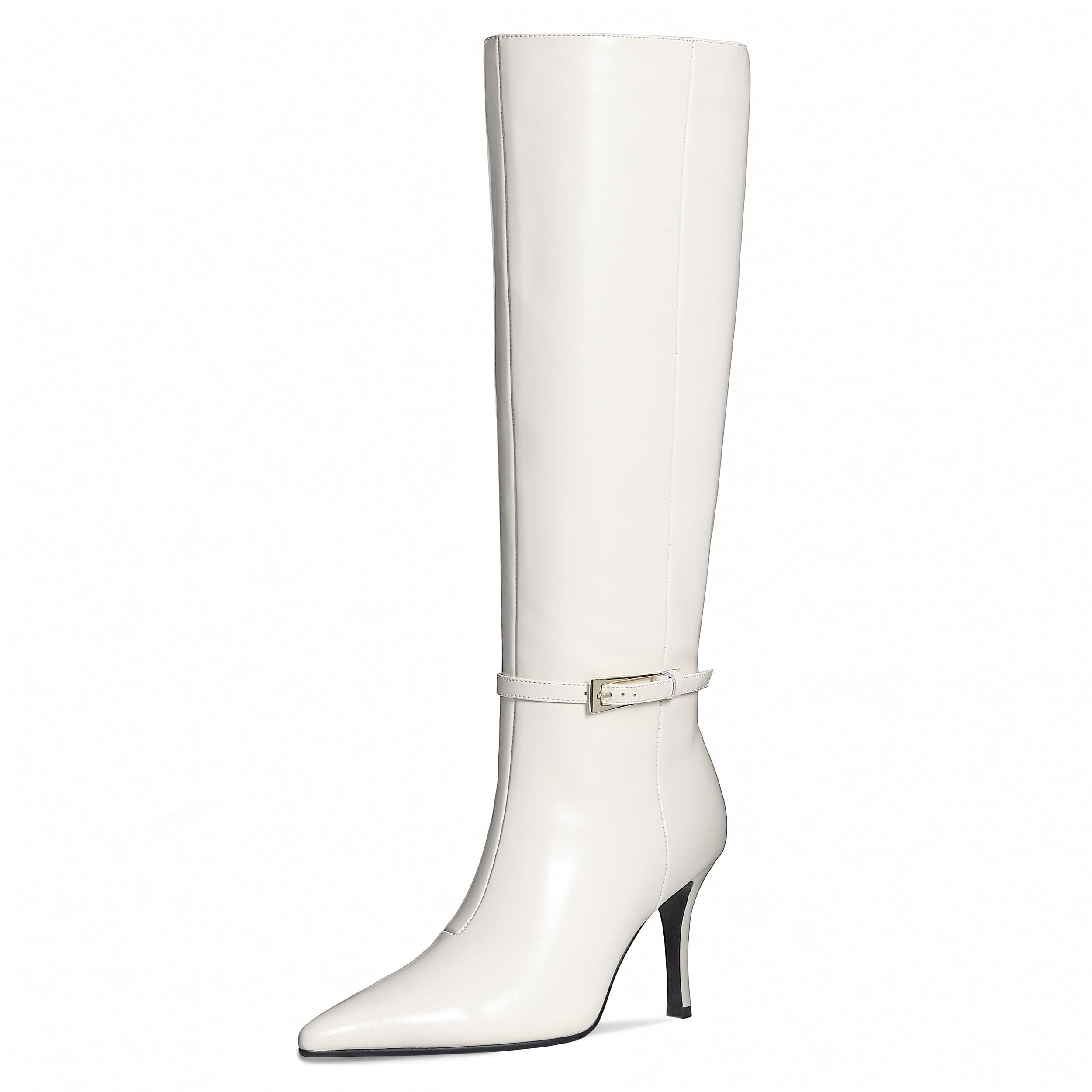 COMJUY Knee High Boots Women Stiletto High Heel 3.3in, Side Zipper Pointed Toe Metal Buckle Tall Boots Dress Boots for Women, Comfortable Faux Leather