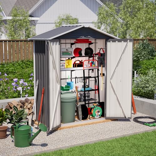 Gartenhaus aus Metall, 154 x 83 x 180 cm, mit Belüftungslöchern, wetterfestes Design, Gartenhaus aus Metall mit verschließbarer Tür, geeignet für die Aufbewahrung von Gartengeräten, Grau