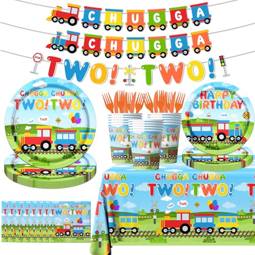 Chugga Chugga Two Two Party Decorations 142Pcs Train 2nd Birthday Tableware Plates Napkins Cups Train Theme Party Favors for Baby Shower 2nd Birthday Decorations for Boys