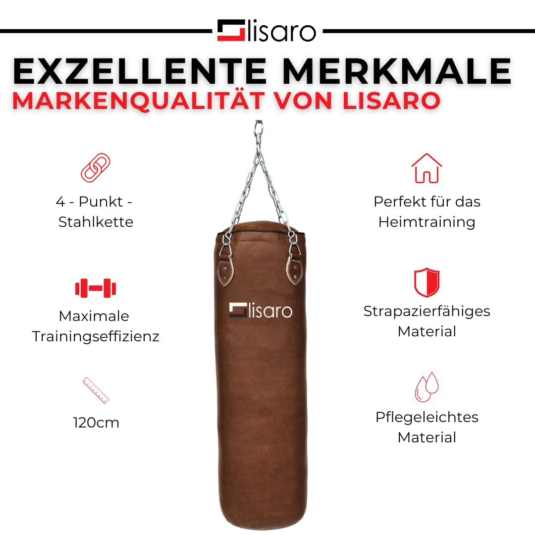 Lisaro Profi Boxsack 120/150 cm gefüllt/ungefüllt | Sandsack in Studioqualität für Boxen, Kickboxen & MMA | Kunstleder (Vinyl) | inkl. 4-Punkt Stahlkette | Braun