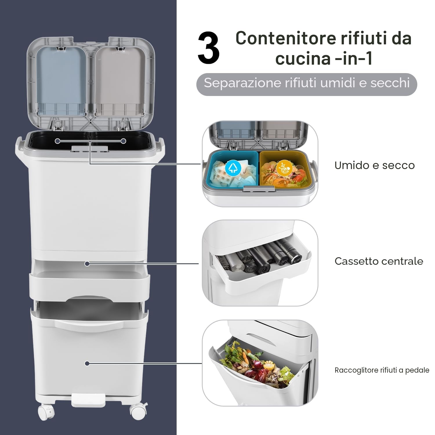 Pattumiera da cucina a 3 scomparti, 42L, separazione umido e secco, coperchio doppio, pedale, ruote, bianco