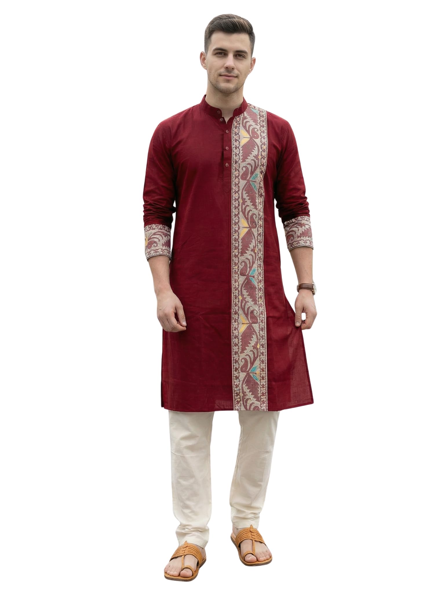 Men’s Jamdani Printed Kurta Pajama Set | Pure Cotton Ethnic Kurta with Mandarin Collar & Dupion Silk Pyjama | Festive & Weddings_303A12A_303SB12B(M_XXL)