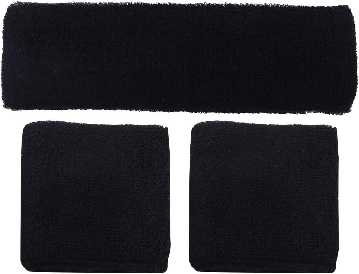 Cotton Headband Wristband Set for Women Men, Black Sports Trio