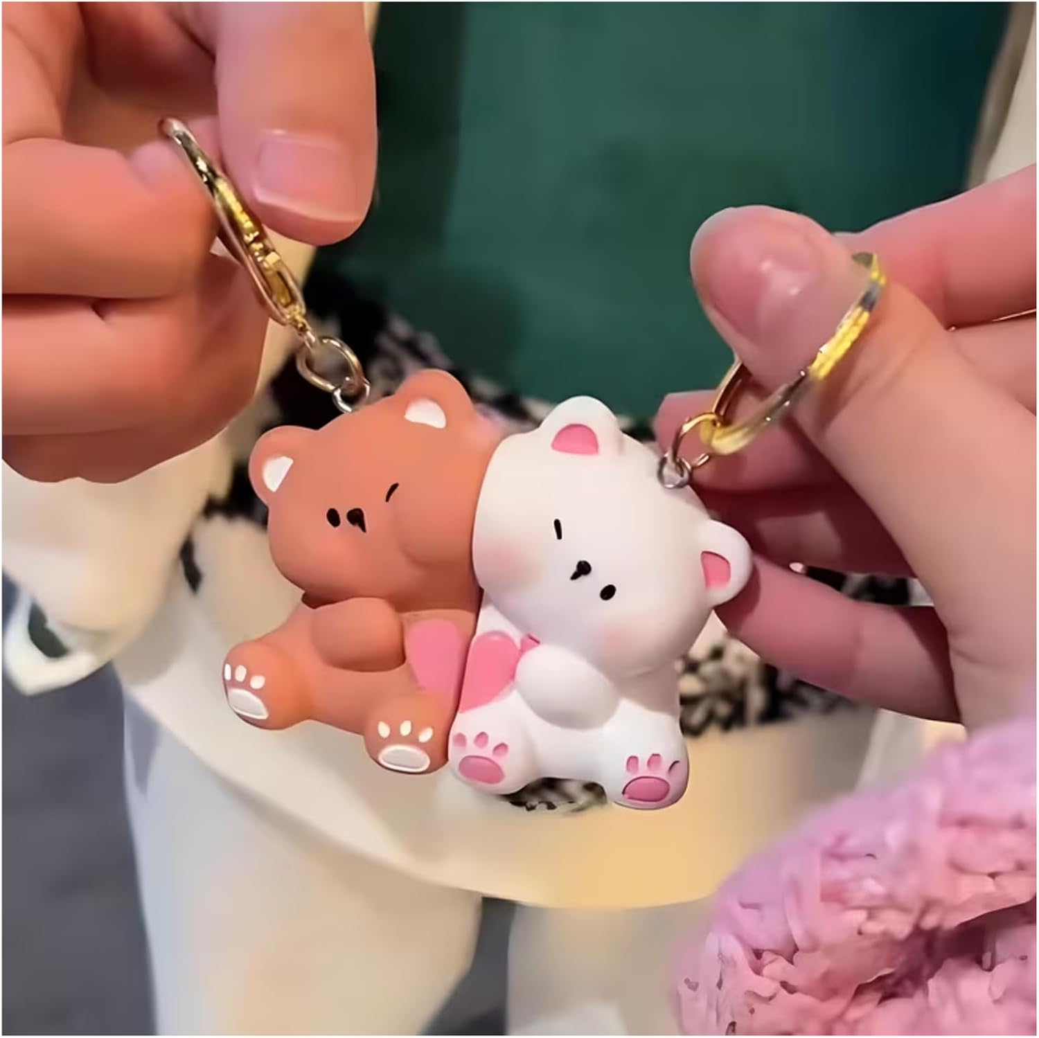 2Pcs Magnetic Matching Bear Keychain Set for Couples, Cute Holding Hands Plush-Style Resin Key Rings, Kawaii Car Interior Hanging Charm & Backpack Pendant, Novelty Anniversary Birthday Gift image 2