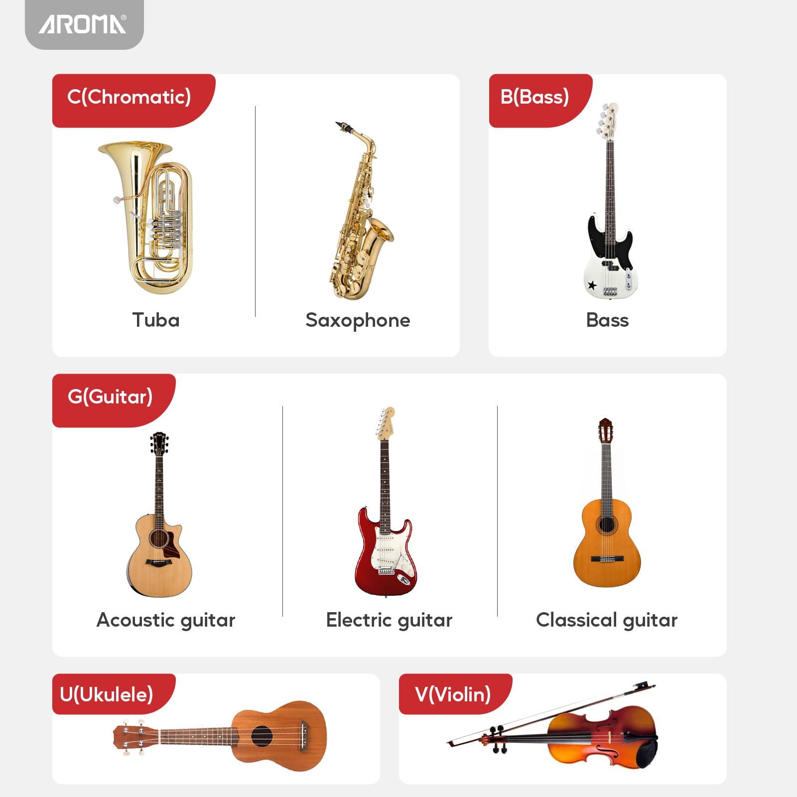 AROMA Afinador de Guitarra con Clip Recargable Afinador Cromático para Guitarra, Bajo, Ukelele, Violín, Mandolina