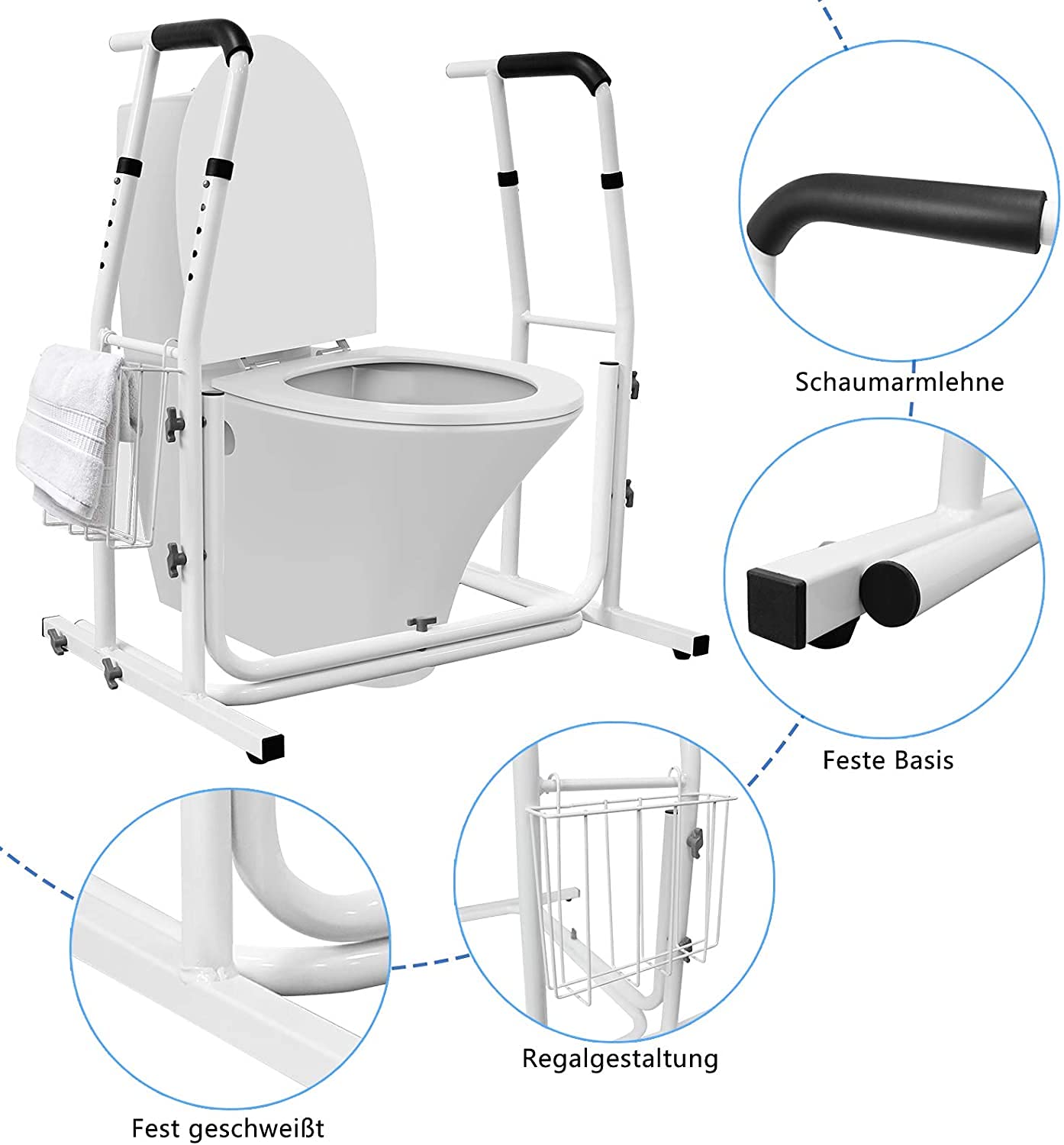 NAIZY Supporto Mobile per WC regolabile in altezza e in inclinazione Braccioli Toilette con cestello portaoggetti Maniglione Bagno Disabili, caricabile fino a 200 kg