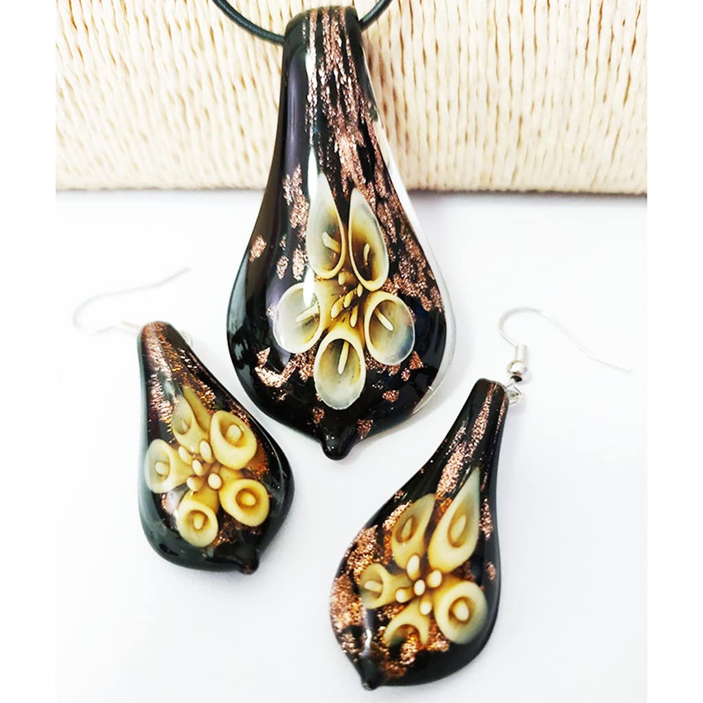 HXSCOO 1 Set Handmade Murano Glass Mix Colors Flower Drop Lampwork Pendant Necklace Earring Blue Yellow Pink Jewelry (Color : 1)