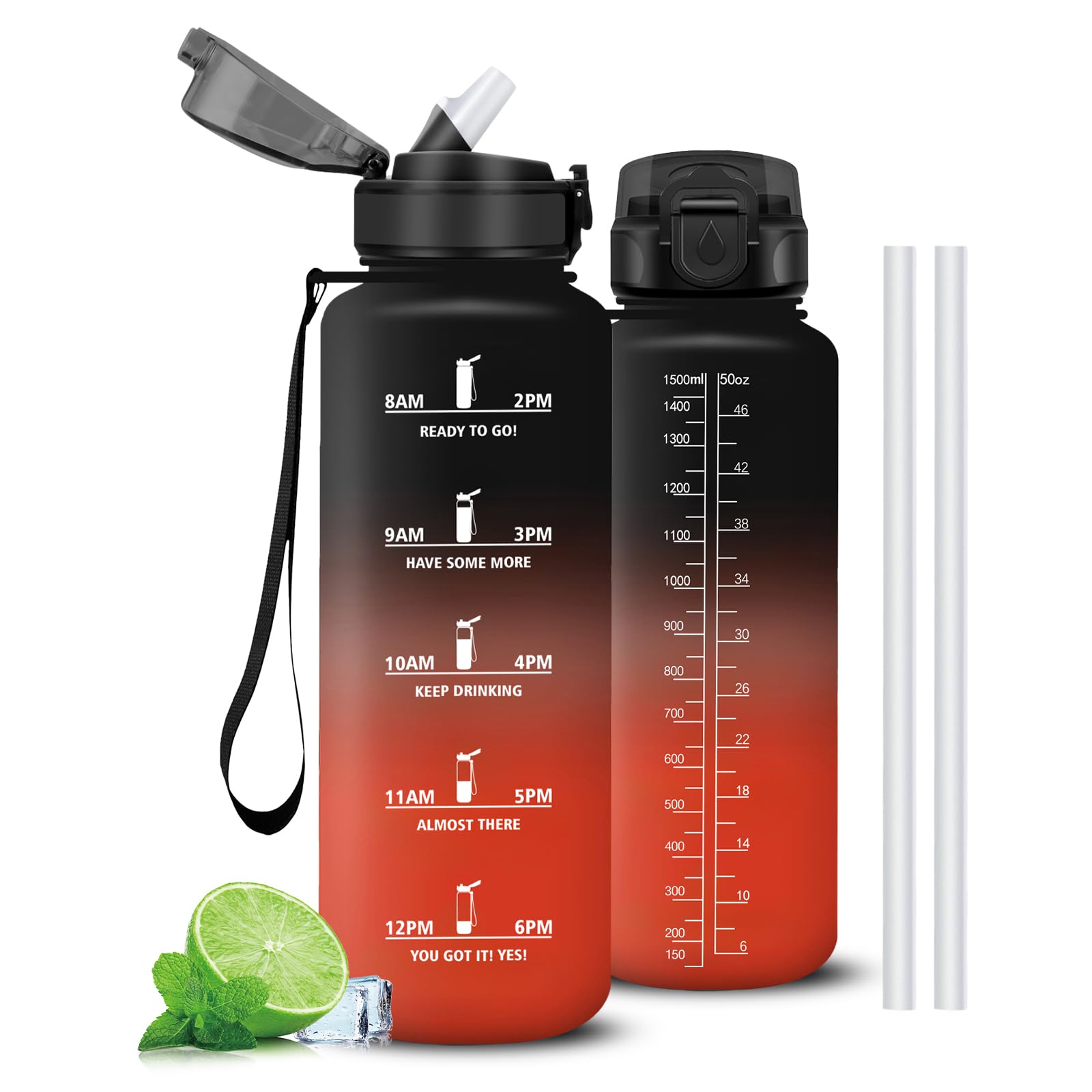 Mujigaga Drinking Bottle 1 5 Litres, Sports Water Bottle, Secure Locking, Water Bottles with Time Marking and Lacing, Water Bottle with Straw, Leak-Proof for Gym, Travel, Yoga