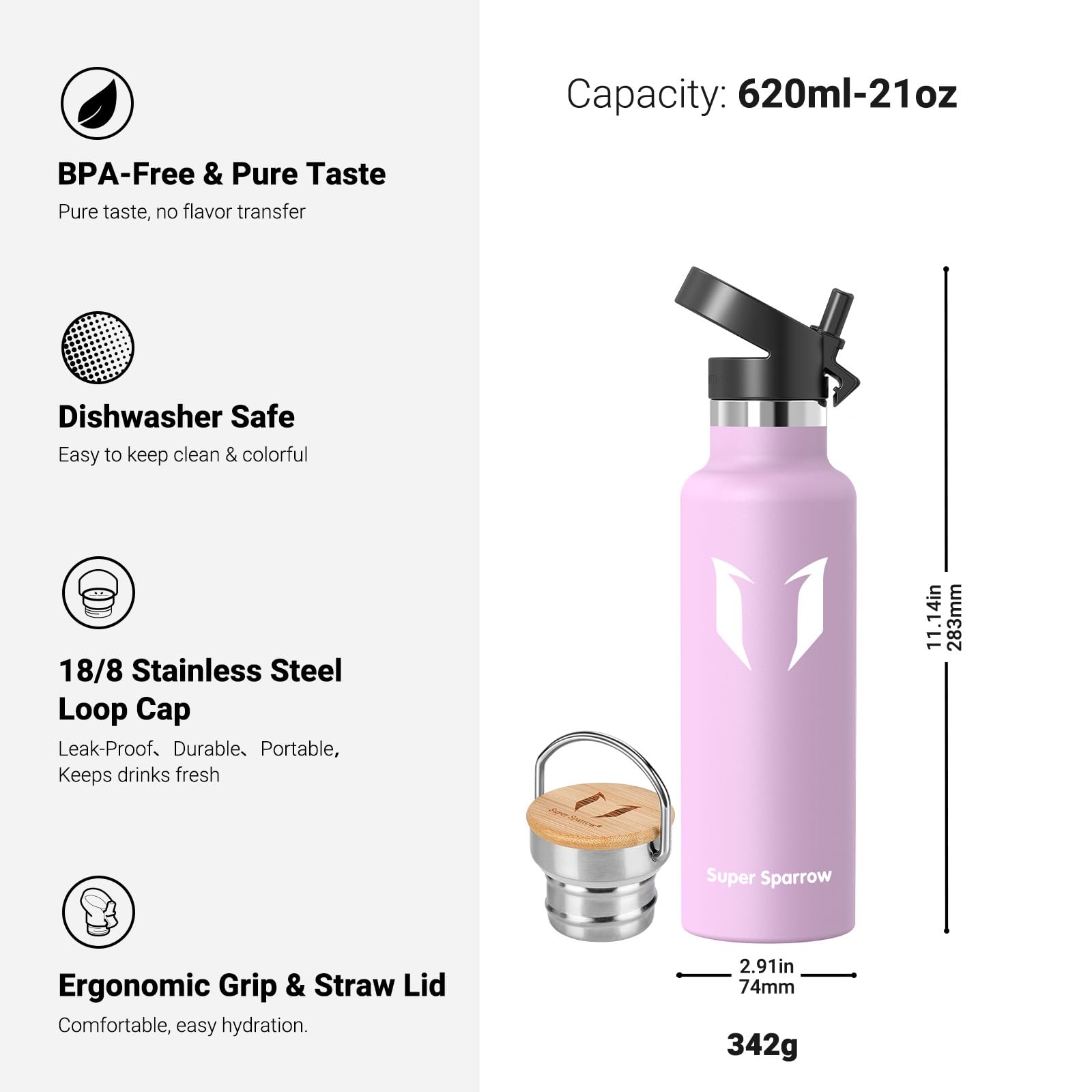 Super Sparrow Borraccia Termica - Bottiglia Termica Senza Perdite - 350ml/500ml/620ml/750ml/1L - Senza BPA Borracce Bambini - Per Scuola, Sport, Campeggio, Palestra, Ciclismo - Con 2 Tappi