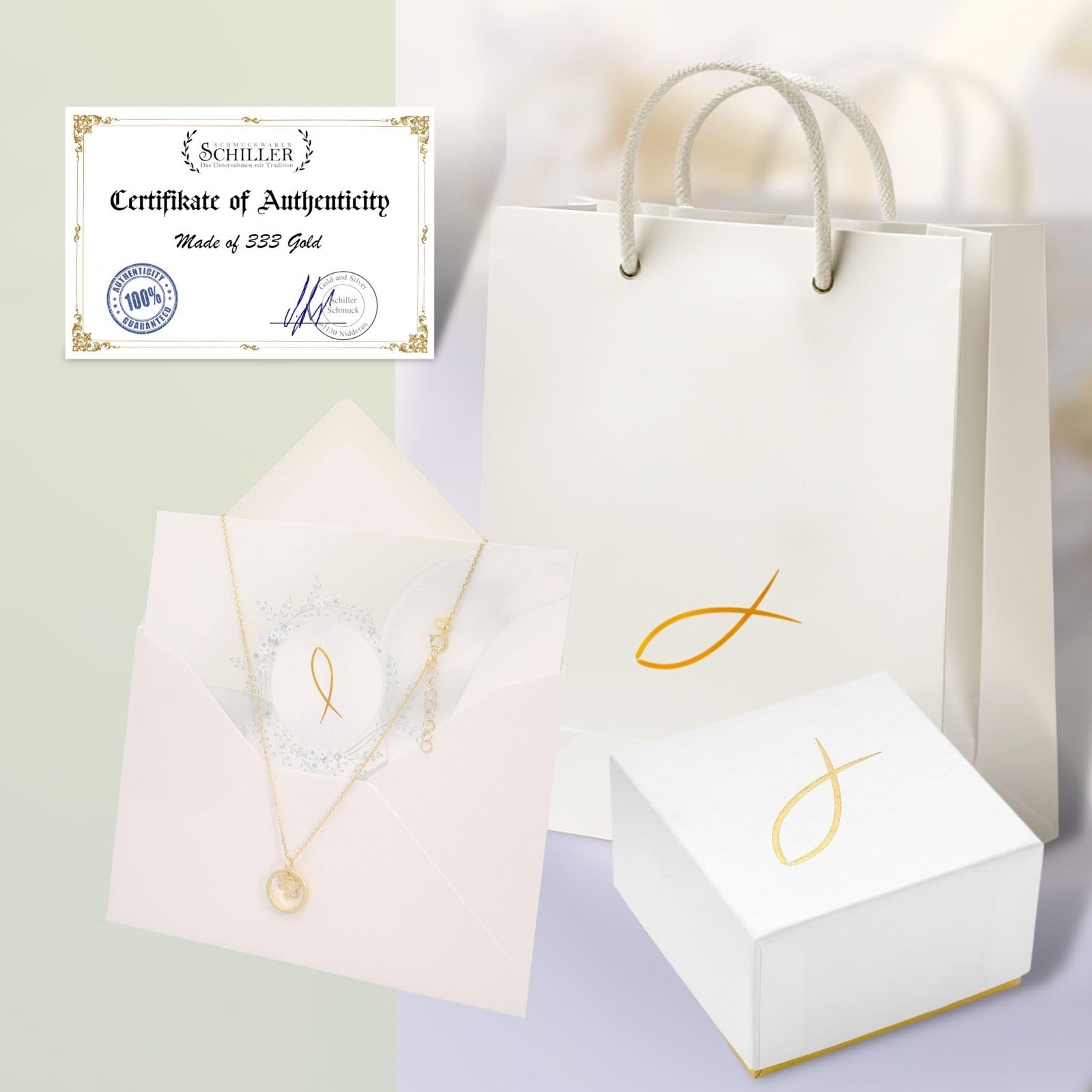 fish Cadena para bautizo niña/niño plata/oro, anillo de bautismo, ángel de la guarda, colgante de ángel, collar para niños, joya para bautizo, regalo de nacimiento, tarjeta y caja de regalo