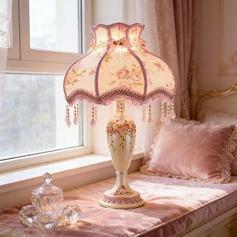 Table Lamp White Fabric Shade Pink Table Lamp European Style Princess Victorian Style Fabric Bedside Lamp Ball Table Lamp for Living Room Bedroom [Energy Class F]