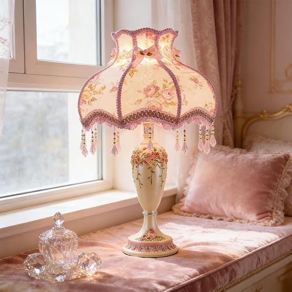 Table Lamp White Fabric Shade Pink Table Lamp European Style Princess Victorian Style Fabric Bedside Lamp Ball Table Lamp for Living Room Bedroom [Energy Class F]