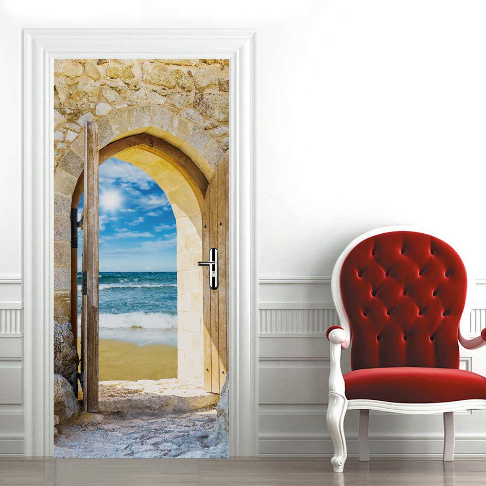 3D Door Mural Sticker for Interior Doors Sunrise Arch Waterproof Self-Adhesive PVC ​Door Stickers Wall Decoration Door Poster Stickers for Bedrooms ​Living Room W95 x H215 cm