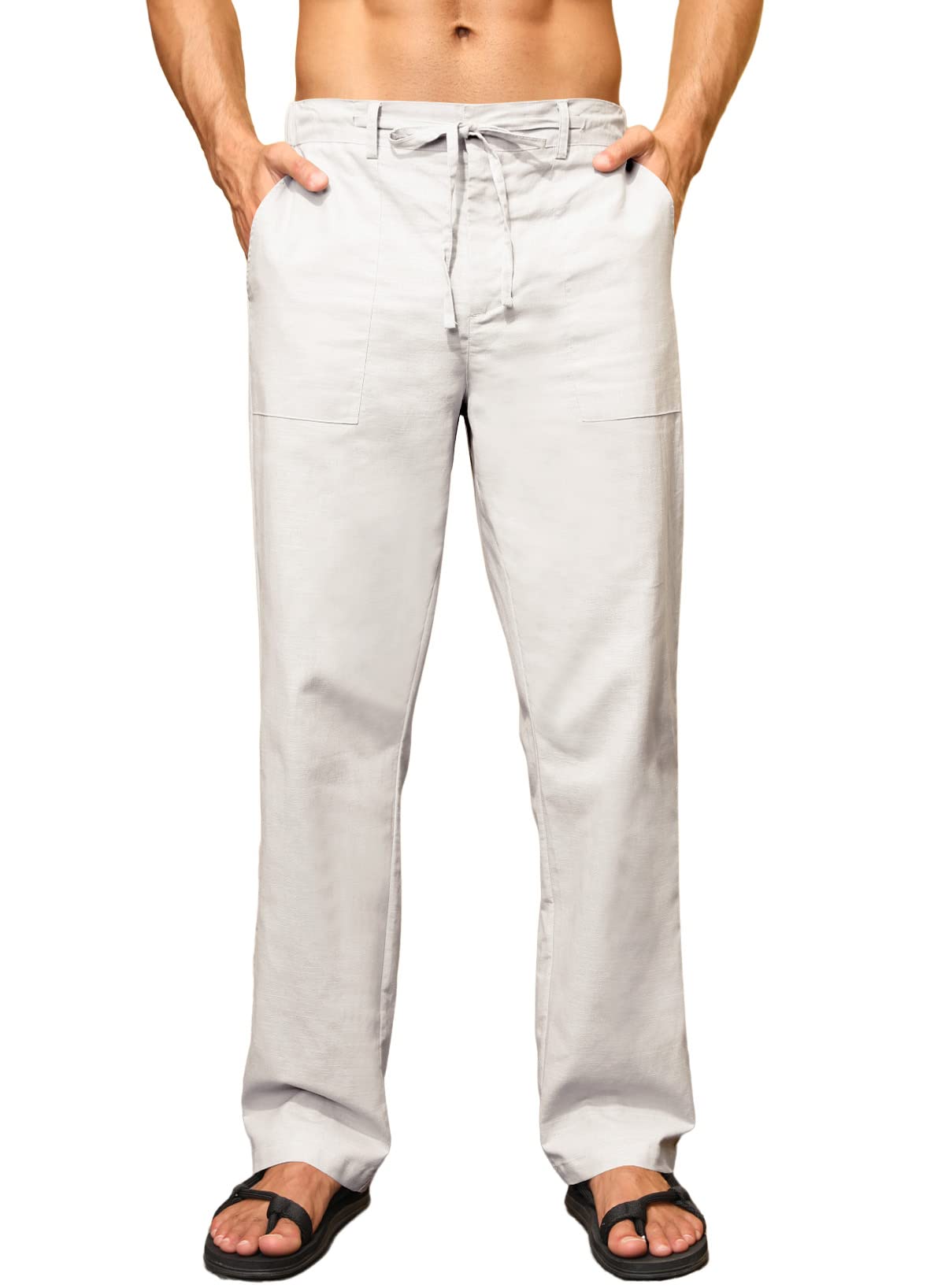 JMIERRMens Casual Linen Pants Loose Fit Straight Legs Elastic Waist Trousers Summer Beach Yoga