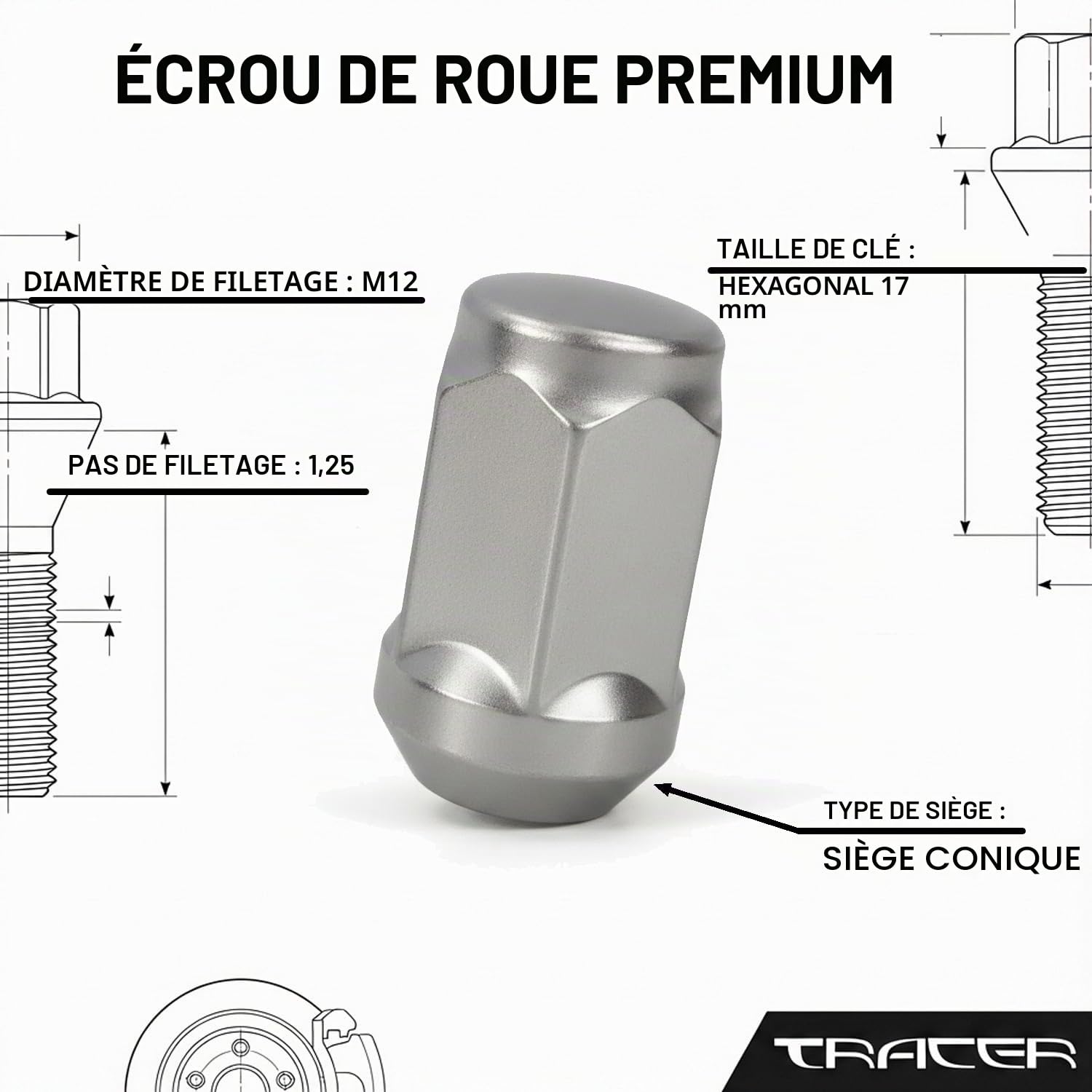 Tracer Ecrous de Roue M12 x 1,25 HEX17 Coniques - Lot de 20 pour Matiz Spark