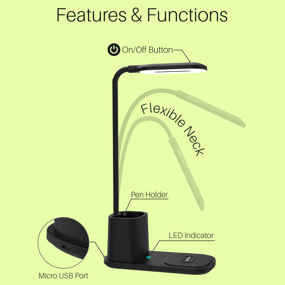 Diagram showing features like On/Off Button, Flexible Neck, Pen Holder, LED Indicator, Micro USB Port
