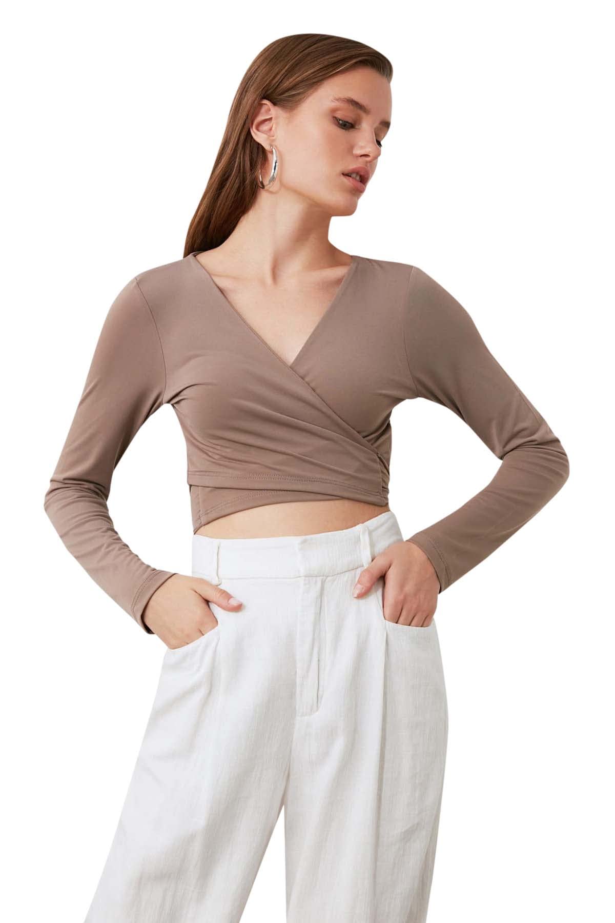Trendyol Damen Trendyol Linking detaillierte Kratzer gestrickte Bluse Blouse, Mink, XS