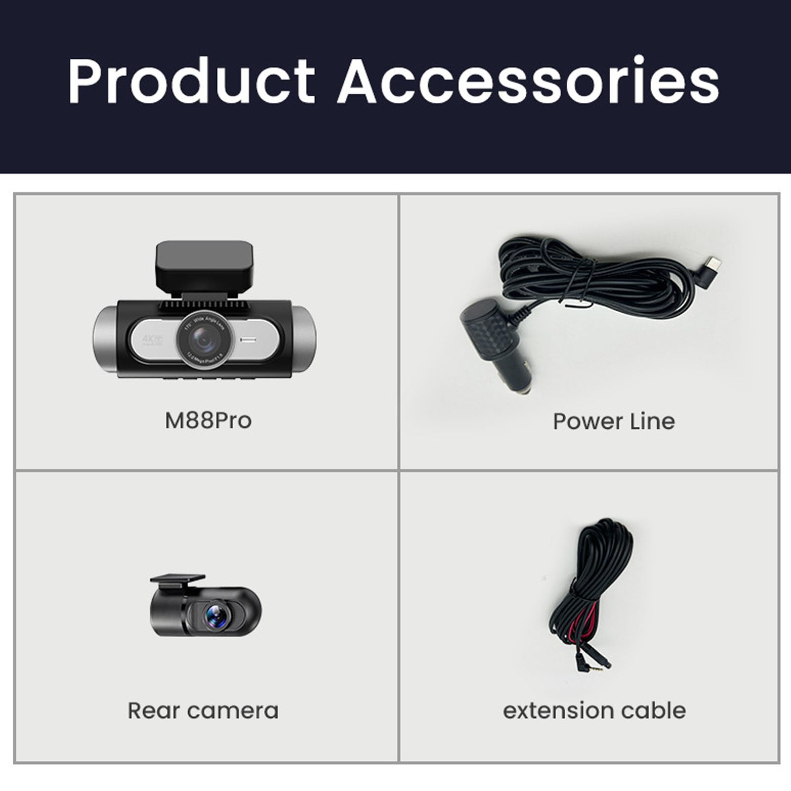 Bewinner Dash Cam 4K per Auto con Visione Notturna a 4 Obiettivi Anteriori | Corpo in Lega di Alluminio ABS, Registratore DVR per Veicolo, Telecamera Retromarcia, Supporto Scheda da 128 GB, App WiFi