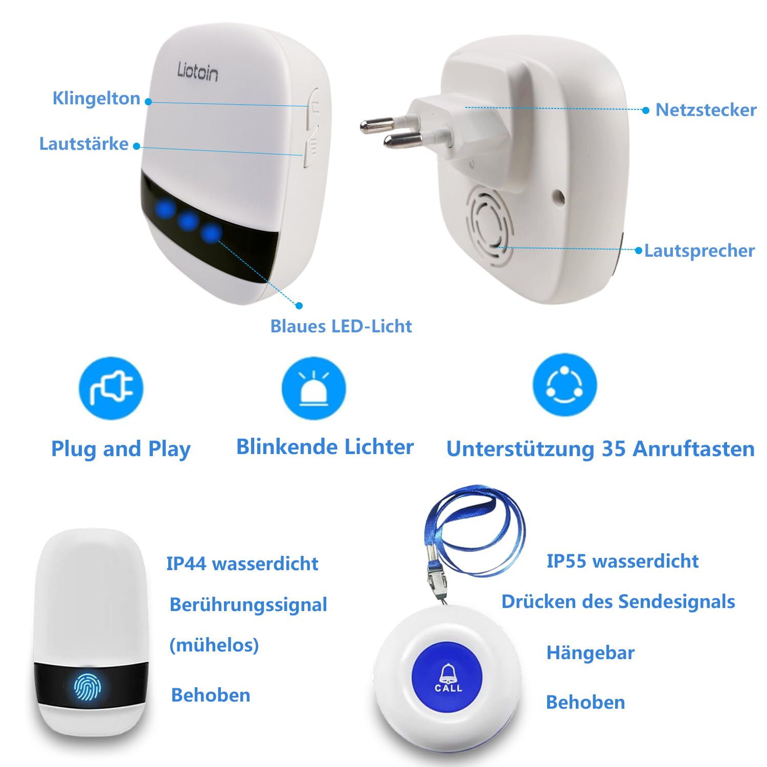 Notrufknopf für Senioren Notruf Alarm Knopf Kabellose Hausnotruf Senioren SOS Alarmanlage Set 2 Sender 2 Empfänger Krankenpflege …