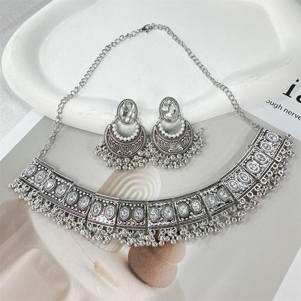 NewZenro Moon Shaped Imitation Pearls CZ Beaded Tassel Dangle Drop Earrings Indian Rectangle Choker Necklace Set for Women Silver Plated Fashion Boho Antique Bolloywood Jewelry - Image 3