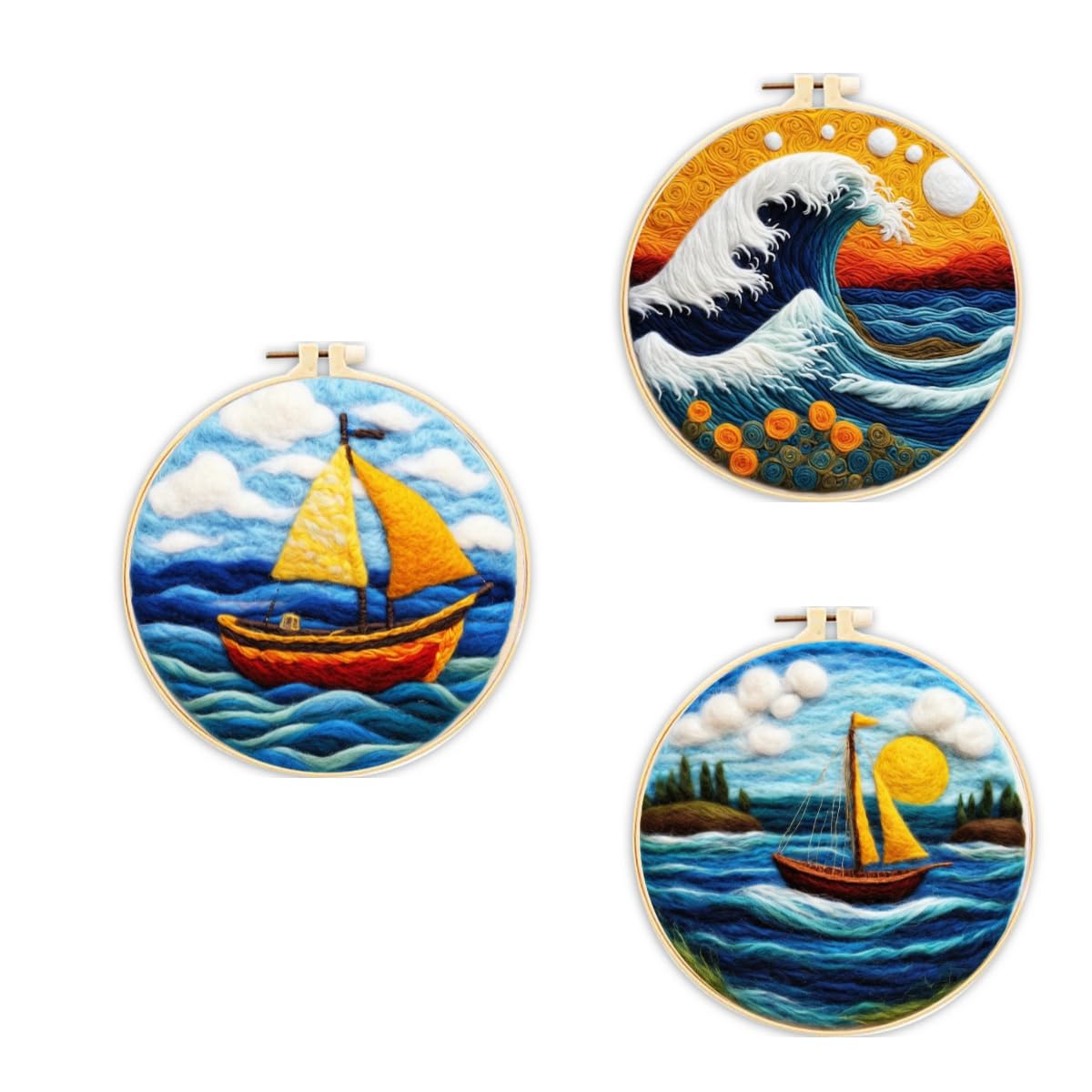 3 Sets Wool Felt Sets Seascape Scenery Needle Felting Kits DIY Handmade Wool Felt Painting Kits Home Decor Needle Felt Starter Sets Gifts with Instructions and Foam Pad for Beginners (Green)