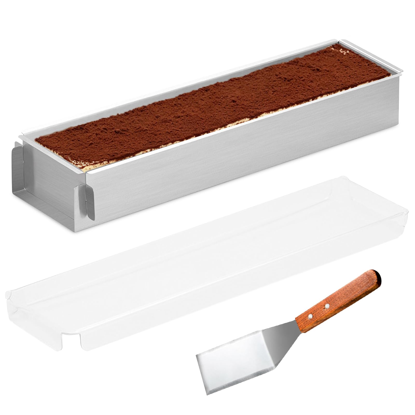 Moule à tiramisu en acier inoxydable - Rond - Rectangulaire - Réglable - En acier inoxydable - Anti-adhésif - Couvercle transparent - Fond amovible - Pour la maison et la restauration - 40 x 10 x 6 cm