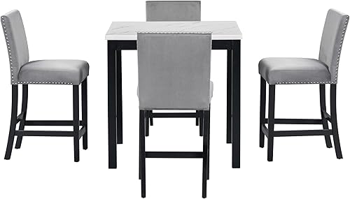 Miniatura 8 de Merax Juego de mesa de comedor para 4, mesa de comedor de altura de mostrador con mesa de comedor de mármol sintético y 4 sillas de asiento